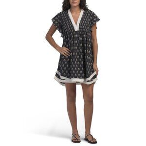 NAVY BLEU Black Leaf Eden Flutter Sleeve Mini Dress